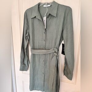 100% Linen Dress NA-KD Khaki Green Shirt Dress with Waist Tie